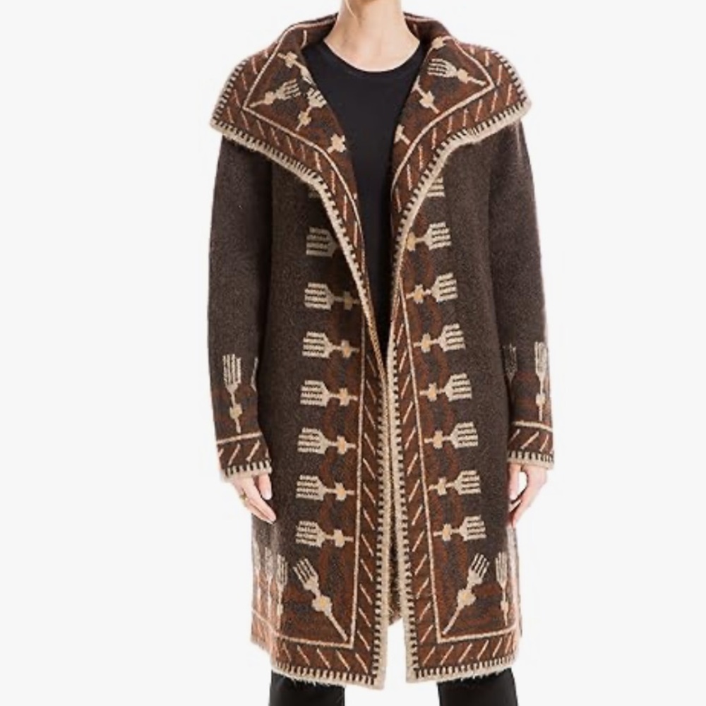LONG SOFT BROWN SOUTHWESTERN OPEN CARDIGAN FUZZY SWEATER POCKETS SIZE LARGE - Picture 2 of 10